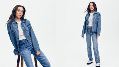 portrait shots of Emma Chamberlain wearing Levi's pants and trucker jacket