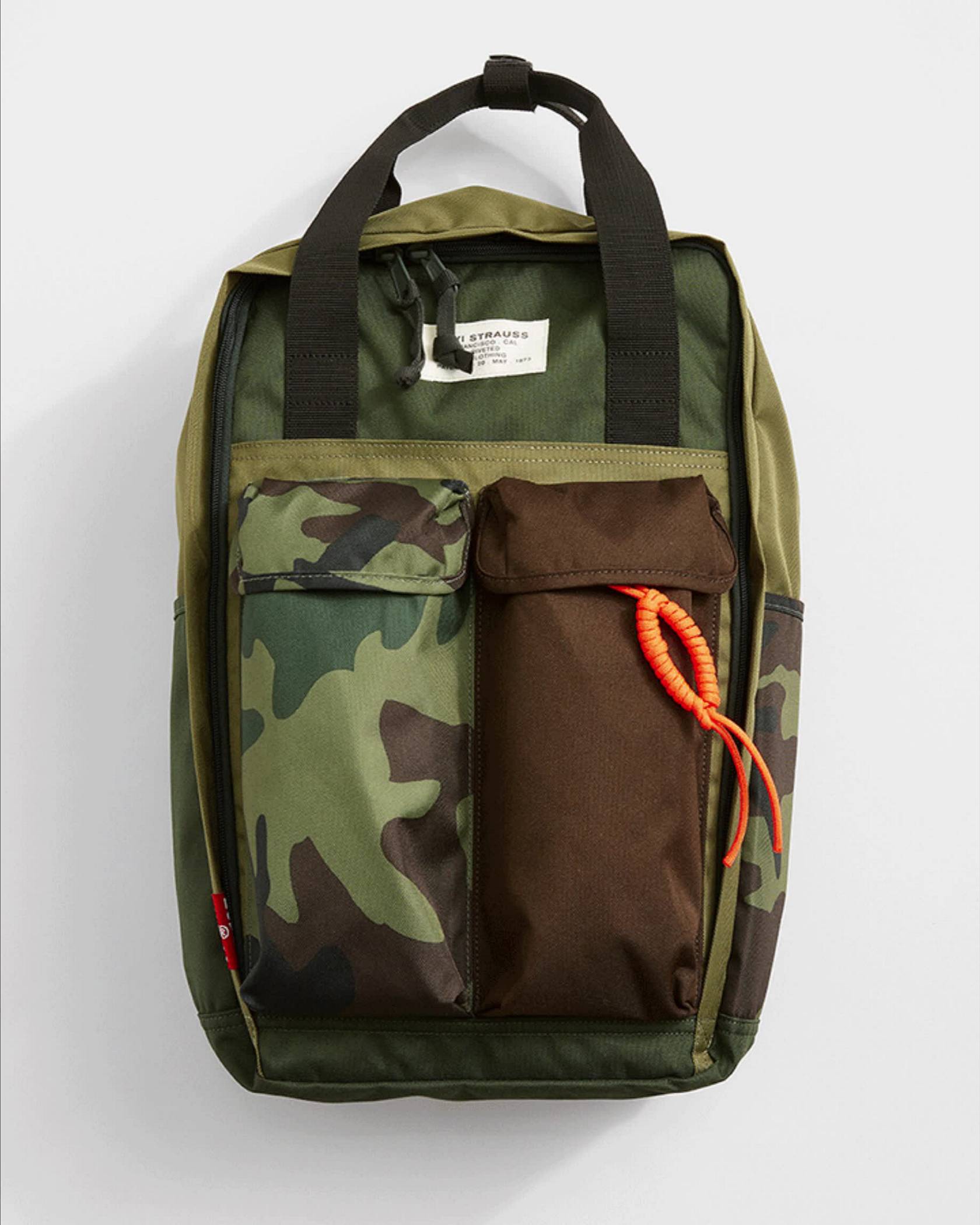 Camo backpack with red strap, gif