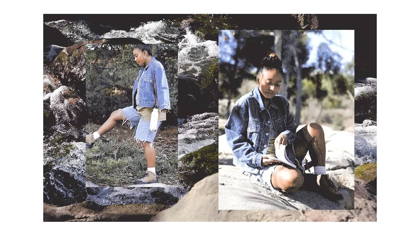 GIFs of Evelynn Escobar-Thomas in the outdoors. In the first GIF, she is walking in front of greenery. In the second GIF, she's sitting on a rock and reading.