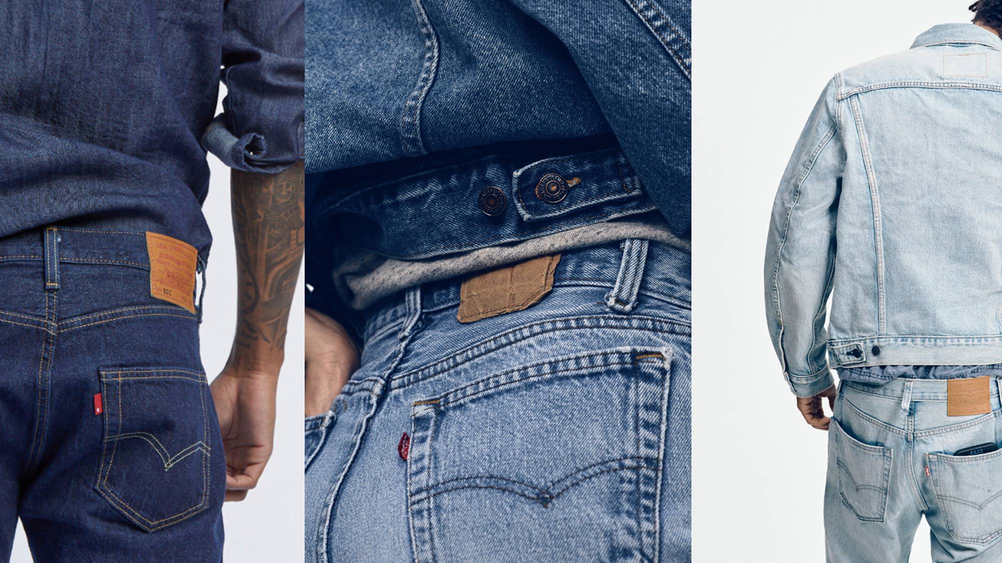 Three photos of the back pockets of Marcus Rashford, Hailey Bieber, and Jaden Smith
