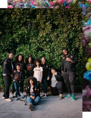 This photo is part of a series entitled, Black Joy, and shows an image of scholars, activists and friends Fresco Steez, Oge Egbuonu, Dr. Safiya Noble, Otis Noble III, Nico Noble, Dr. Melina Abdullah, Thandiwe Abdullah, Amara Abdullah, Amen Abdullah and Damon Turner all wearing pieces from the Levi's® collaboration with Fresco Steez.