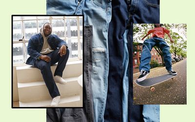 someone skateboarding, an image of jeans, and someone sitting on steps