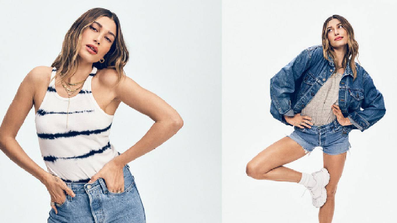 Two images of Hailey Bieber wearing Levi's shorts and trucker jacket