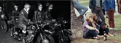 Two photos, the first black and white with three men on motorcycles and the second shows a group of people sitting outside on the ground wearing Levi's