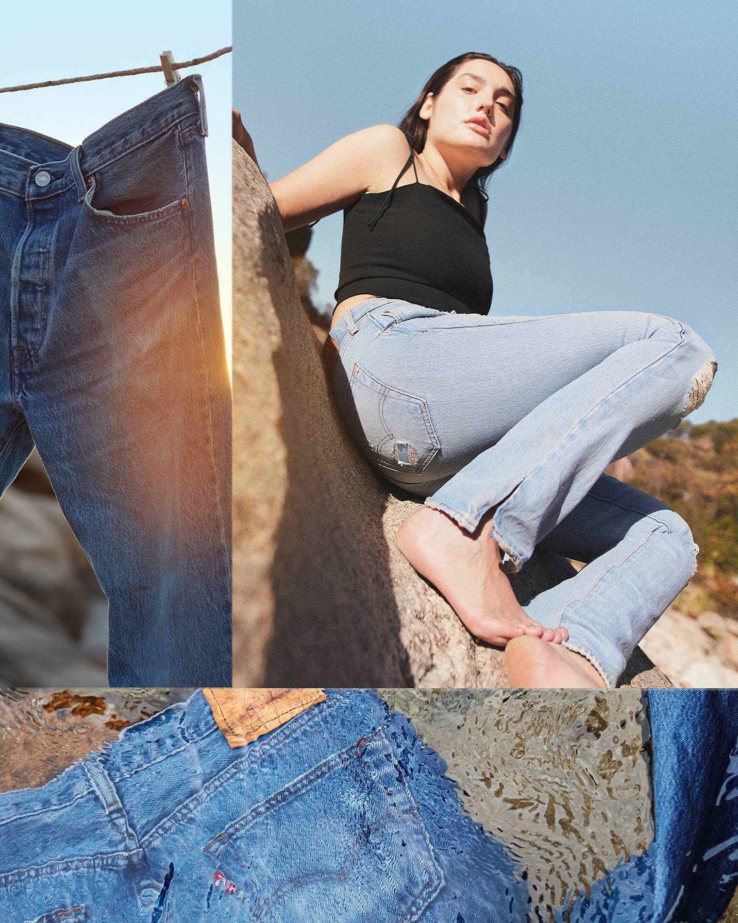 Collage of model wearing black top with light wash jeans, jeans on a clothesline, and a pair of jeans underwater in a river_how_to_wash_and_dry_jeans