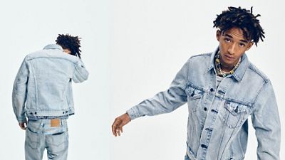 Two photos of Jaden Smith wearing Levi's trucker jacket