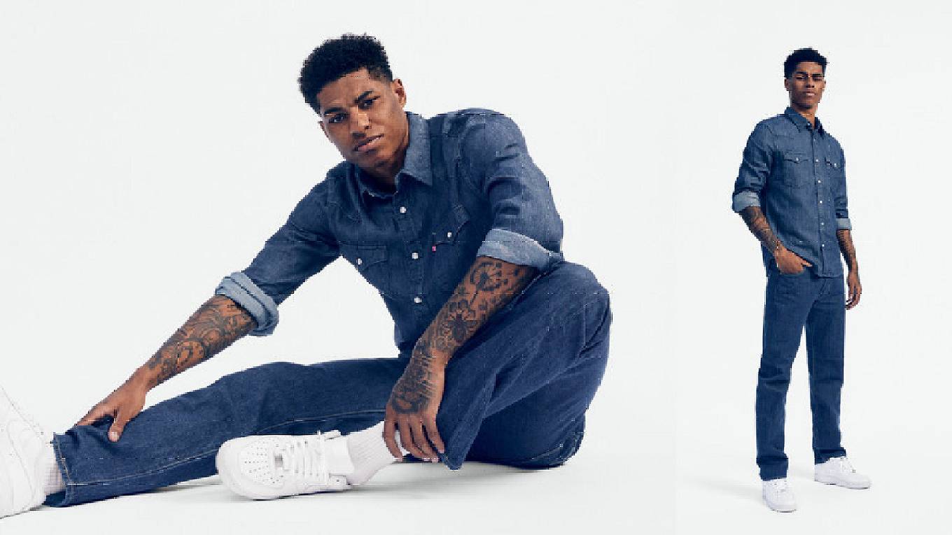 Two photos of Marcus Rashford wearing a Levi's denim button up and Levi's jeans