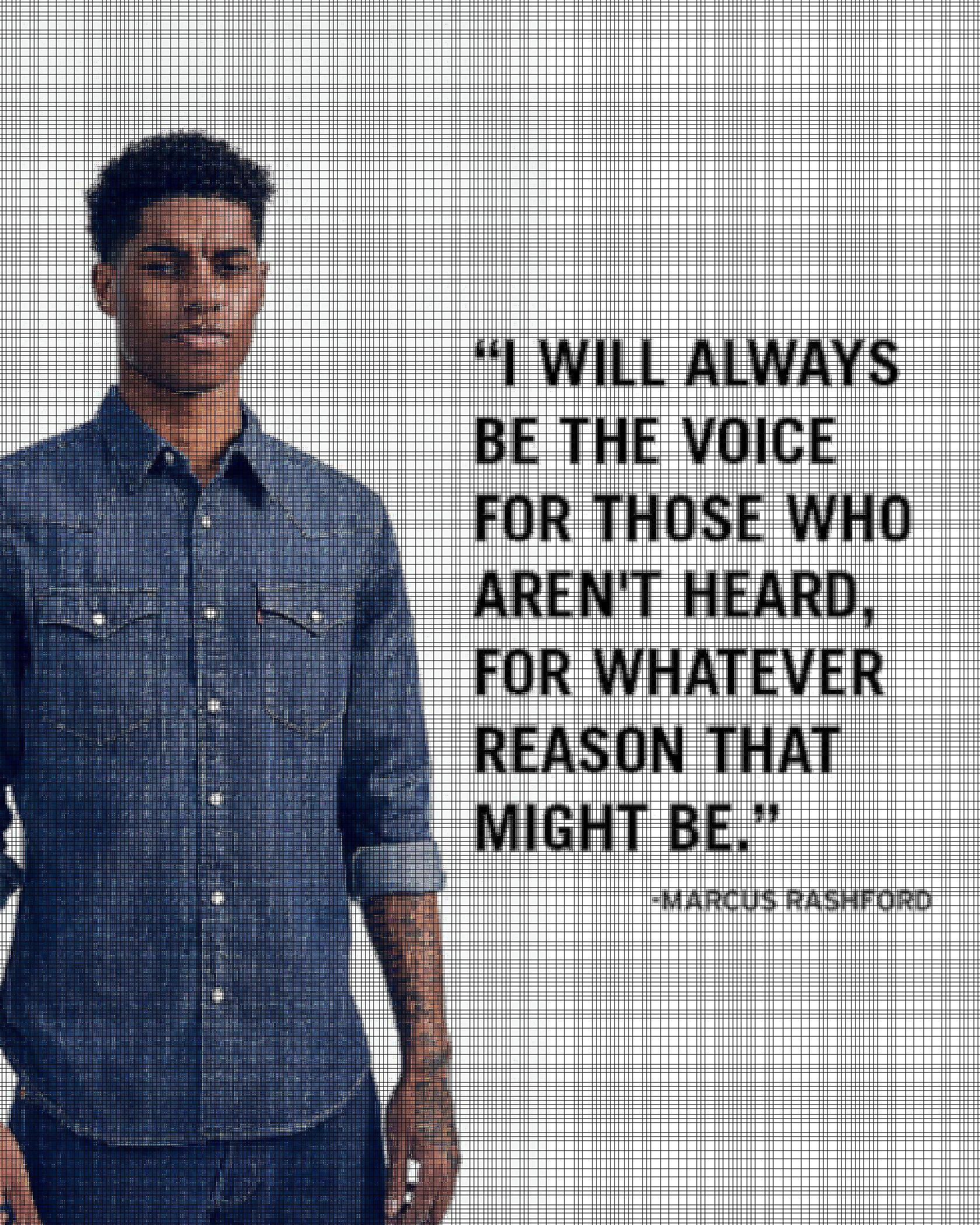 Marcus Rashford wearing a Levi's Denim button up with the sleeves rolled up and a quote overlaid saying, "I will always be the voice for those who aren't heard, for whatever reason that might be." - Marcus Rashford