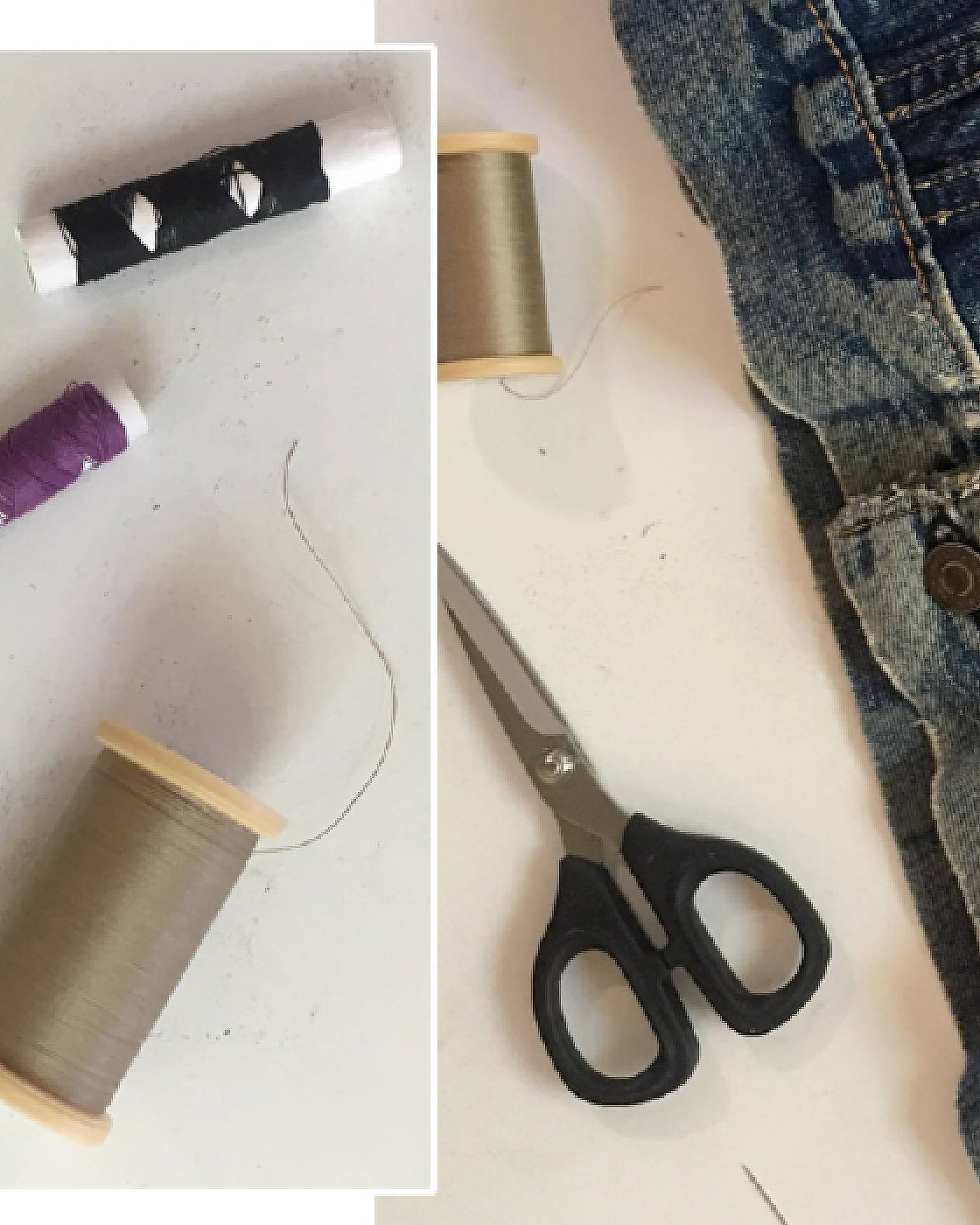 materials scissors, needle, thread, trucker jacket