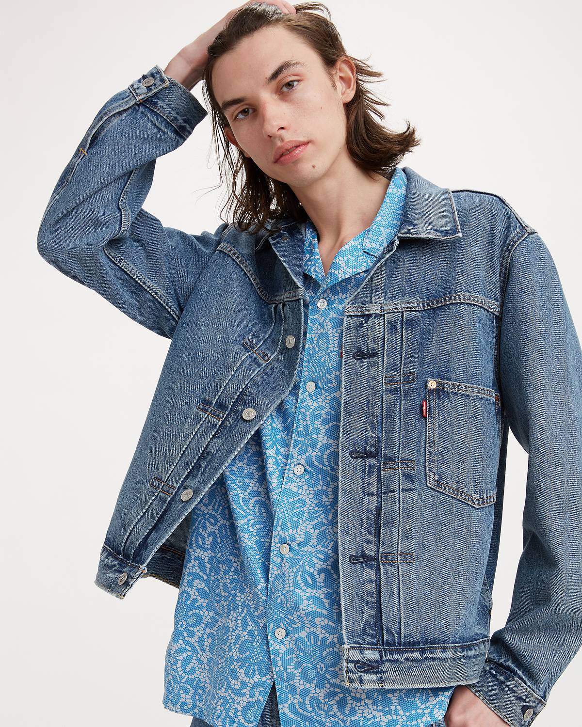 Model wearing jean jacket