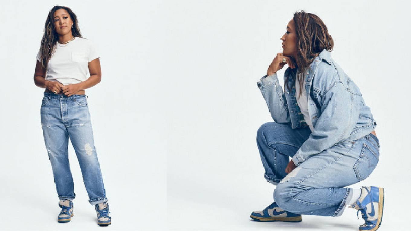 Three photos of Naomi Osaka, standing, sitting down, and kneeling, wearing Levi's Jeans, and a Levi's Trucker jacket