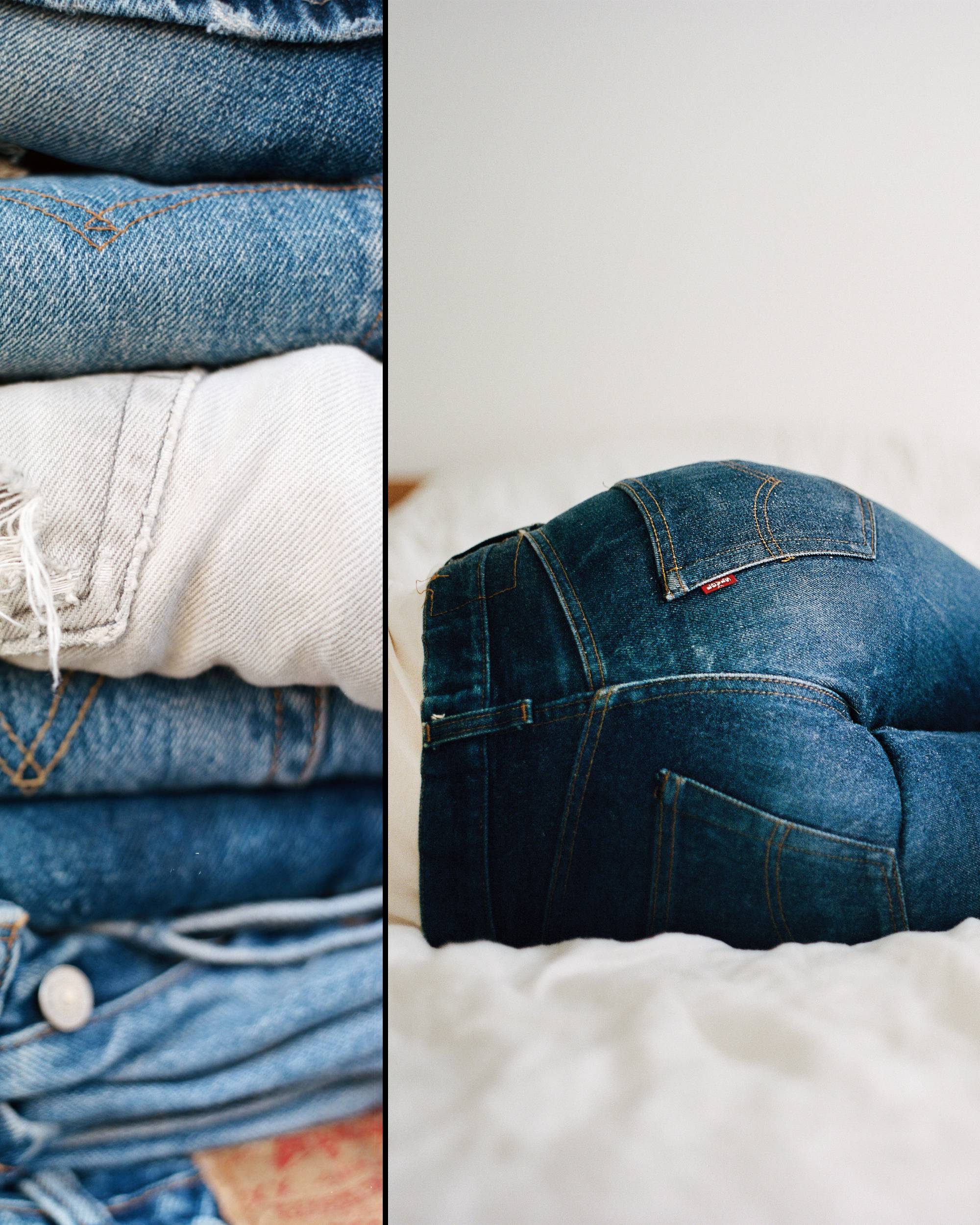 Image of a stack of jeans next to an image of a woman laying with a pair of Levi's jeans on.