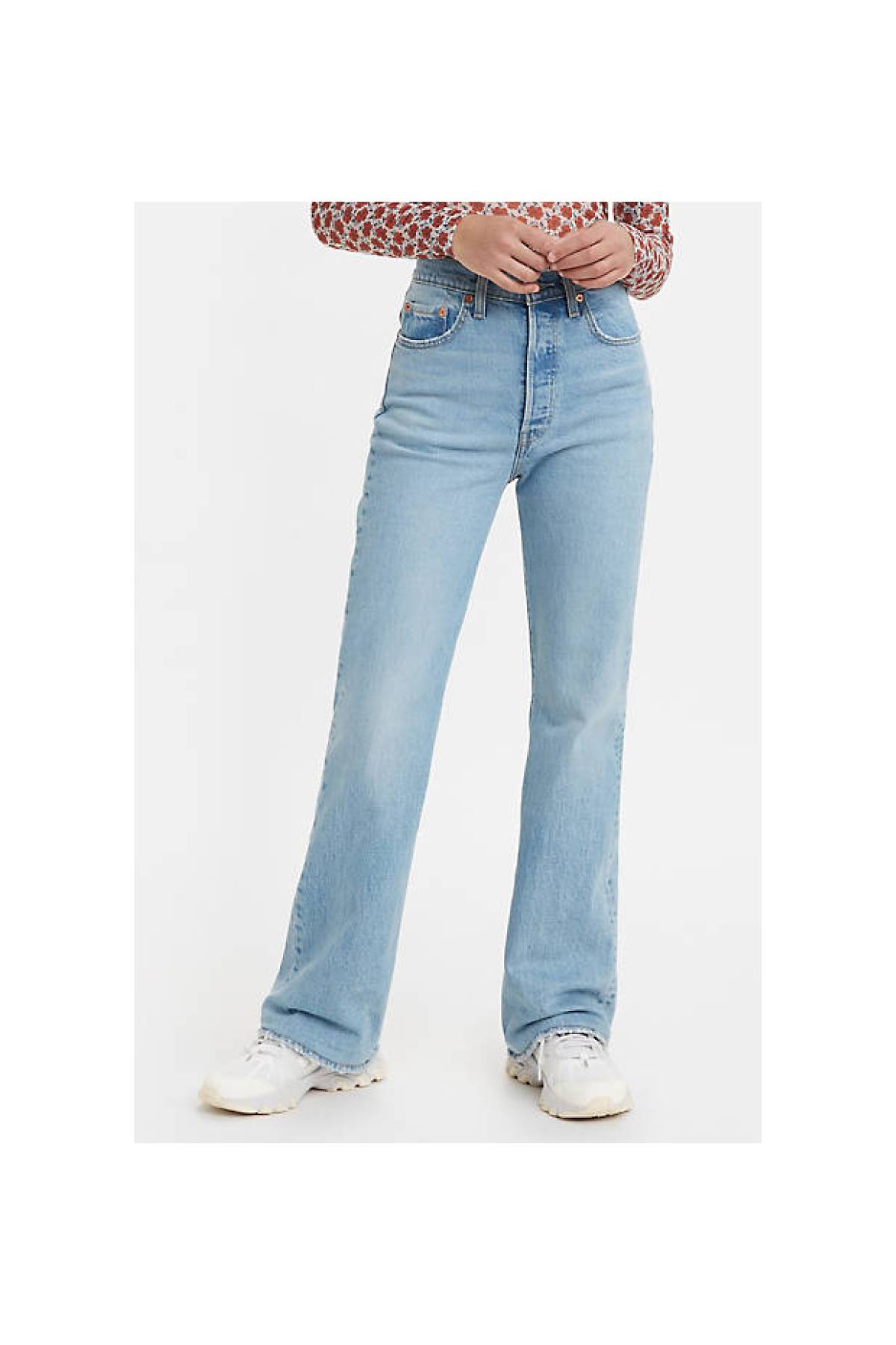 model wearing ribcage bootcut jeans