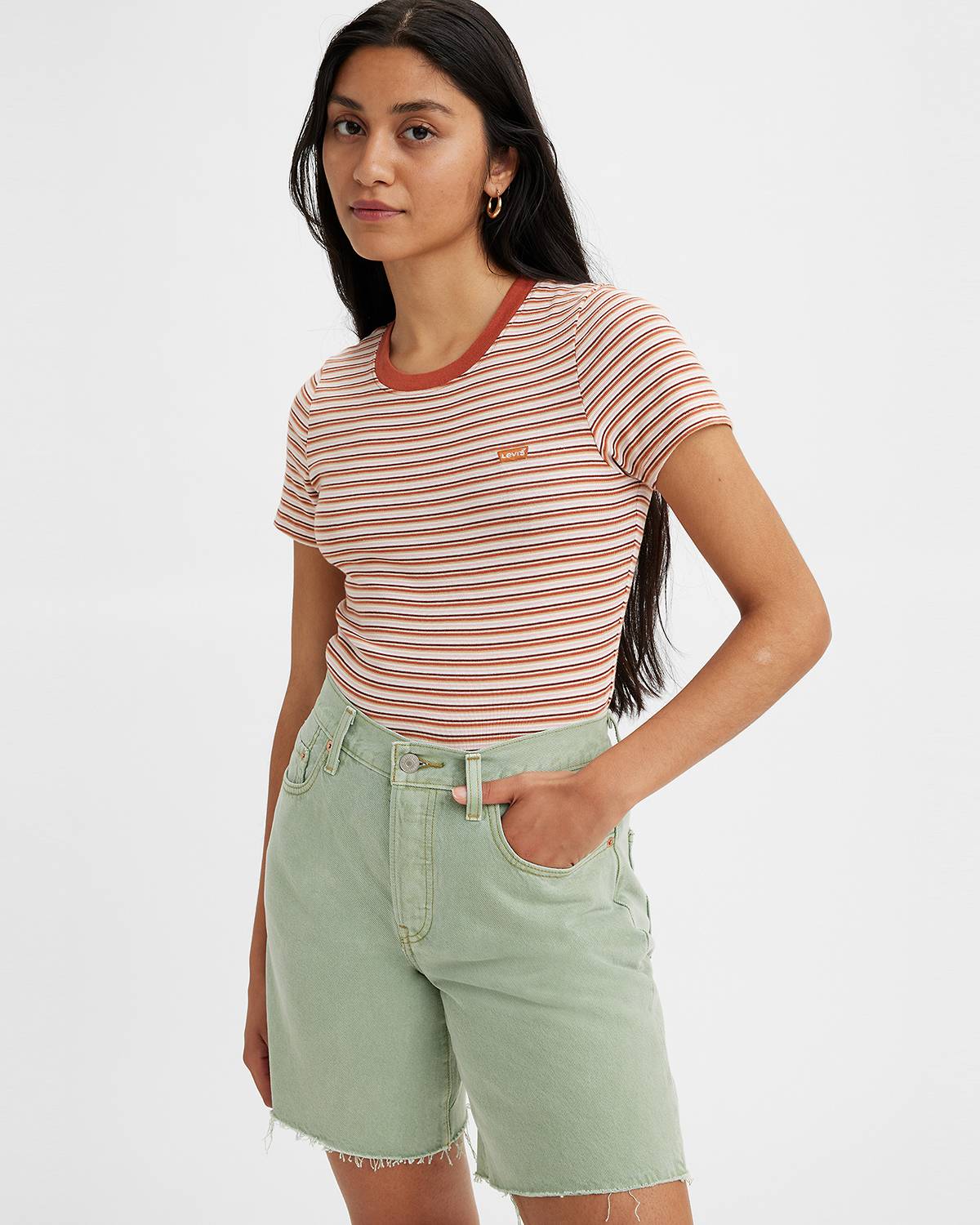Model wearing striped shirt