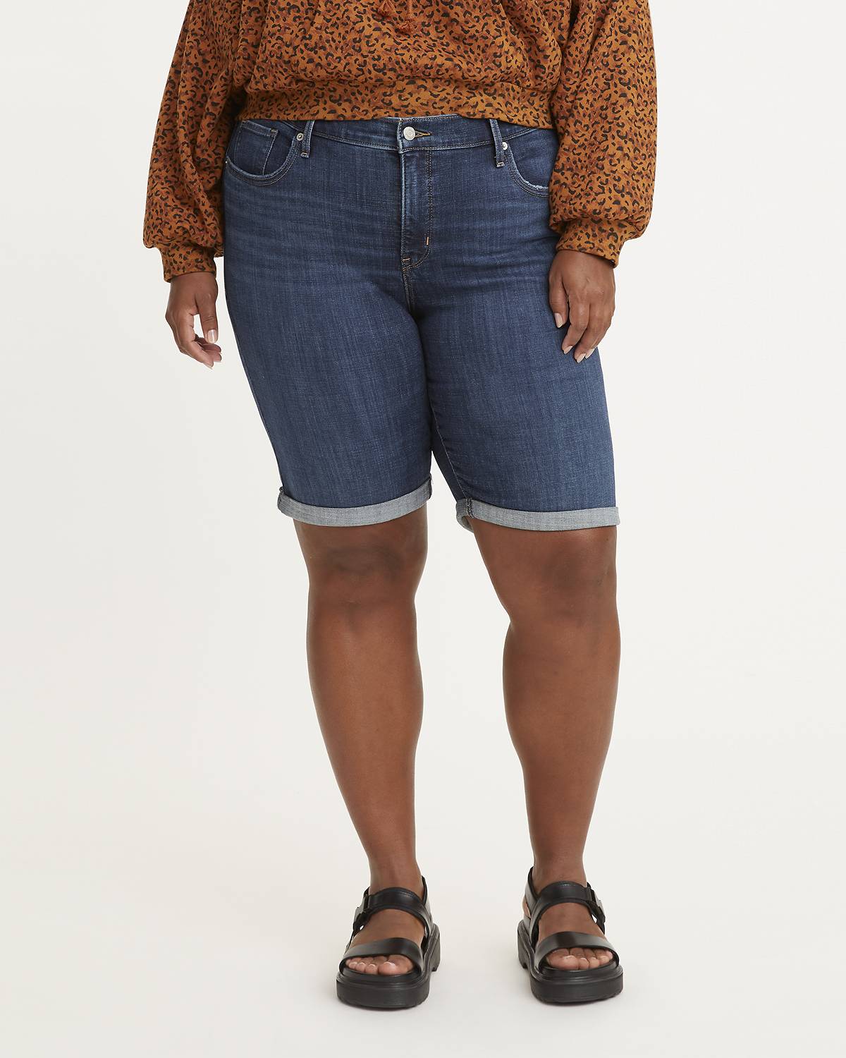 Model wearing plus-sized shorts